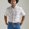 Wrangler Men's George Straight Short Sleeve 1 Pocket Button Down Plaid Shirt In Pastel Pink Plaid