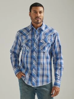 Wrangler Men's Long Sleeve Fashion Western Snap Plaid Shirt In Blue Sky