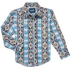 Wrangler Boys Checotah Long Sleeve Western Snap Printed Shirt In Aztech Teal