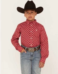 Ariat Boys Red Southwestern Geo Print Noland Classic Long Sleeve Western Shirt