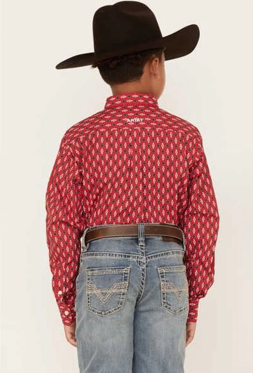 Ariat Boys Red Southwestern Geo Print Noland Classic Long Sleeve Western Shirt 2 Ariat Boys Red Southwestern Geo Print Noland Classic Long Sleeve Western Shirt - Image 2