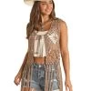 Rock & Roll Denim Women's Brown Crochet Vest With Fringe