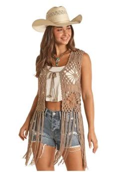 Rock & Roll Denim Women's Brown Crochet Vest With Fringe
