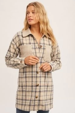 West & Wild Womens Taupe Plaid Button Up Long Sleeve Shirt