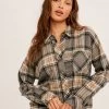 West & Wild Womens Grey And Tan Plaid Button Crop Top