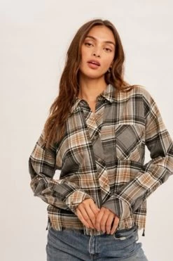 West & Wild Womens Grey And Tan Plaid Button Crop Top