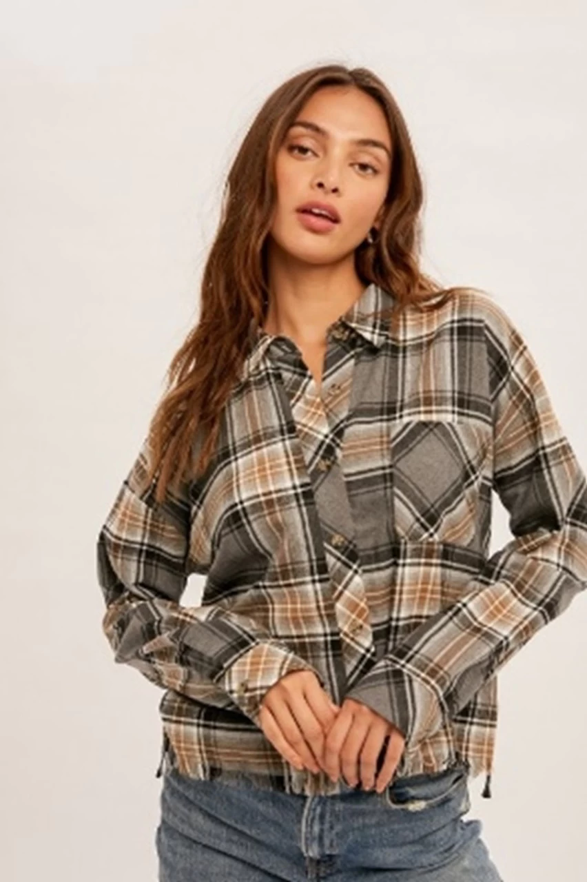 West & Wild Womens Grey And Tan Plaid Button Crop Top 1 West & Wild Womens Grey And Tan Plaid Button Crop Top