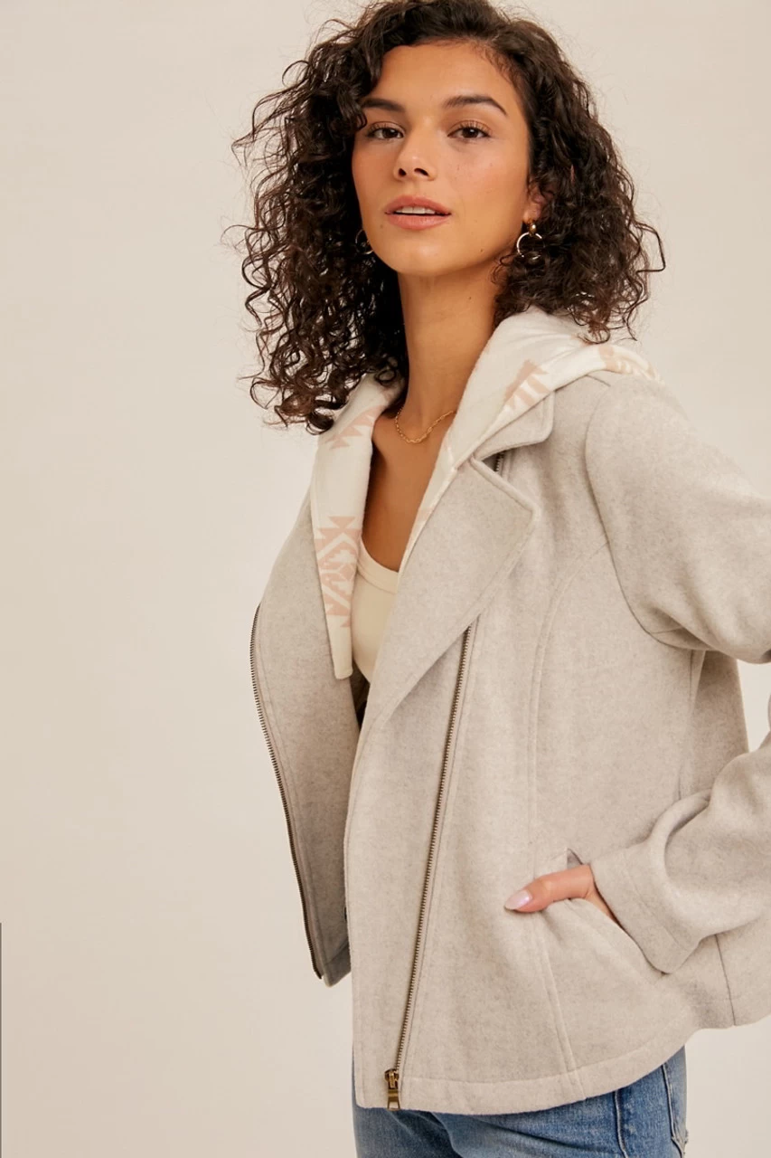 Hem & Thread Womens Oatmeal Aztec Print Moto Jacket 3 Hem & Thread Womens Oatmeal Aztec Print Moto Jacket - Image 3