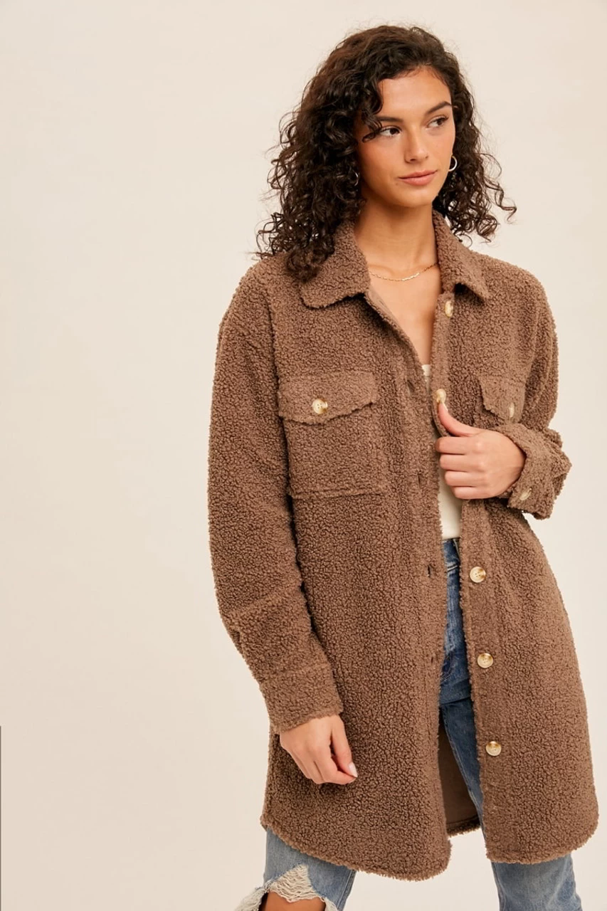 Hem & Thread Womens Mocha Soft Sherpa Long Shacket 1 Hem & Thread Womens Mocha Soft Sherpa Long Shacket