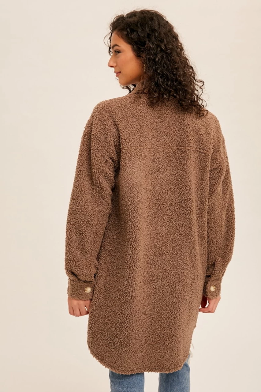 Hem & Thread Womens Mocha Soft Sherpa Long Shacket 2 Hem & Thread Womens Mocha Soft Sherpa Long Shacket - Image 2