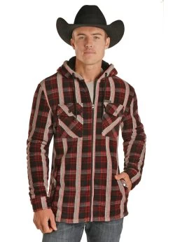 Panhandle Mens Plaid Fleece Shirt Jacket- Red