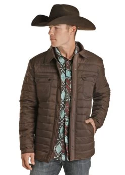 Panhandle Mens Solid Brown Puffer Shirt Jacket
