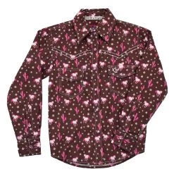 Cowgirl Hardware Girls Long Sleeve Brown Cactus/Horse Print Shirt