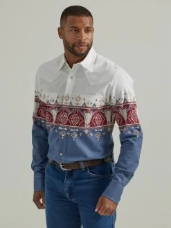Wrangler Men's Checotah Cream Steel Blue And ?Burgundy Skull ?Aztec Stripes Long Sleeve Western Shirt