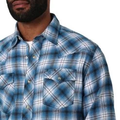 Wrangler Men's Retro Long Sleeve Western Snap Flannel Shirt In Blue -Comprehensive Shop P2735270 3 32440.1681826938