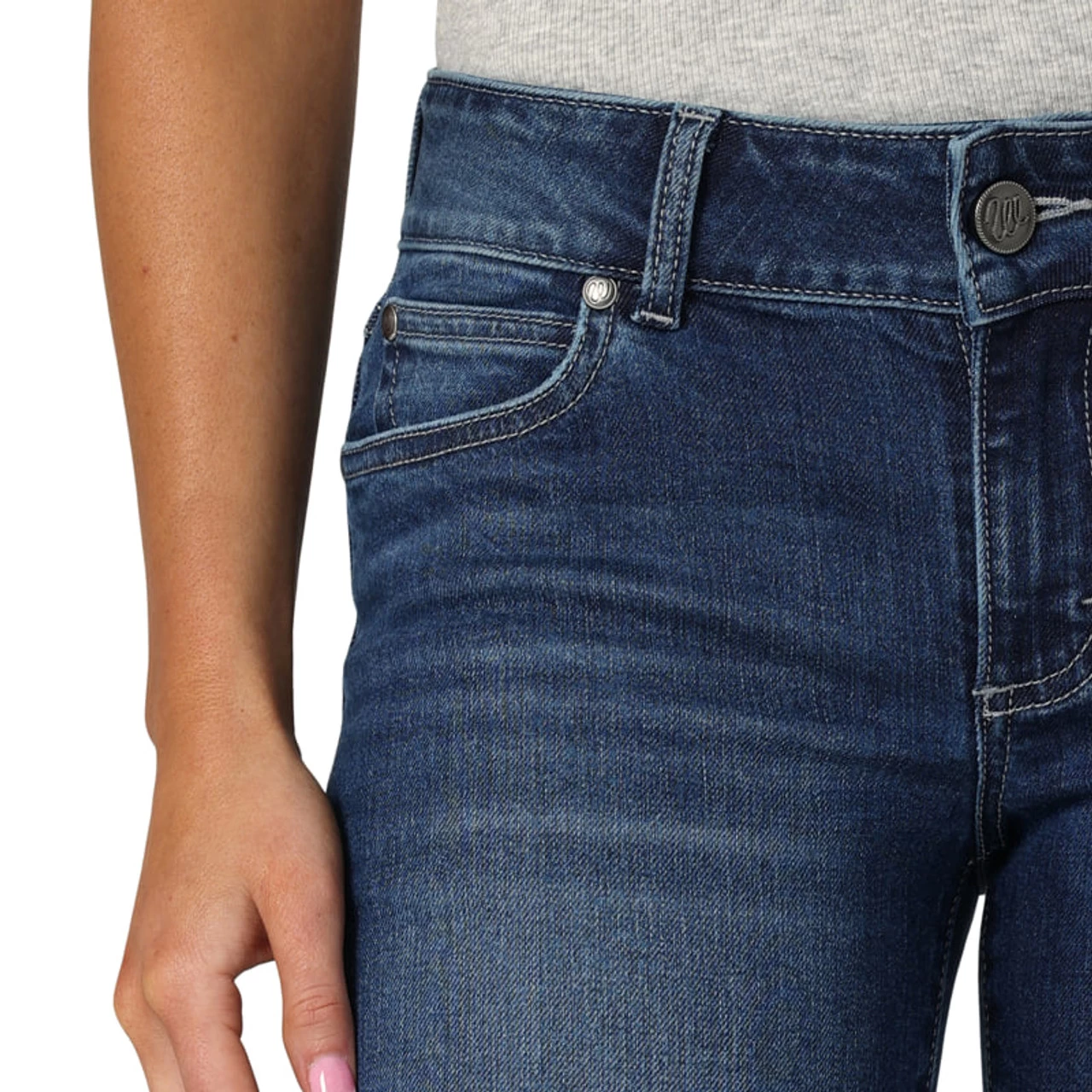 Wrangler Women's Mae Mid Rise Trouser Dark Wash Jeans With Navy Embroidered "W" 4 Wrangler Women's Mae Mid Rise Trouser Dark Wash Jeans With Navy Embroidered "W" - Image 4