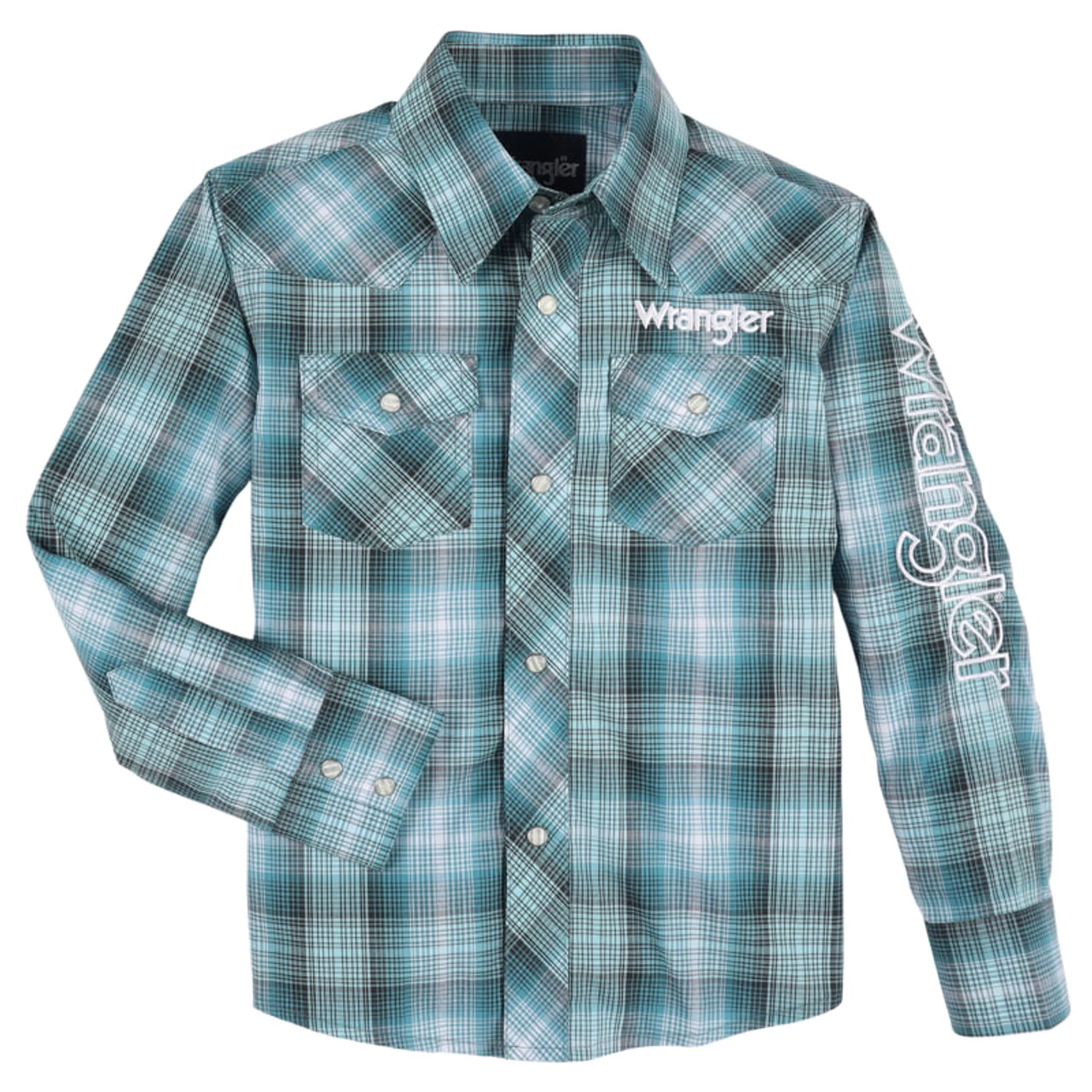 Wrangler Boy's Logo Long Sleeve Western Snap Shirt In Bold Blue Plaid 1 Wrangler Boy's Logo Long Sleeve Western Snap Shirt In Bold Blue Plaid