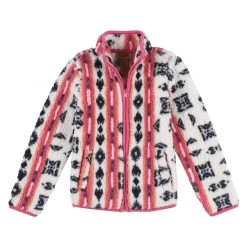 Wrangler Girl's Sherpa Zip Up Jacket In White Andn Pink With Black Aztec Print