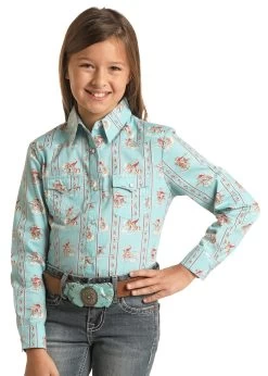 Rock & Roll Denim Girls Sky Blue Cowboy Western Print Long Sleeve Western Shirt