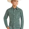 Rock & Roll Denim Boys Teal & Black Paisley Long Sleeve Snap Western Shirt