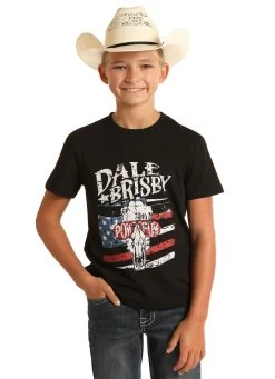 Rock & Roll Denim Boys Black Dale Brisby POW POW Steer With Sunglasses Americana Graphic Short Sleeve T-Shirt