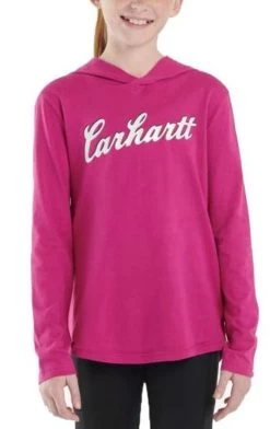 Carhartt Girls Pink Long Sleeve Hooded Cursive Logo T-Shirt