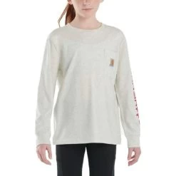 Carhartt Girls Oatmeal Heather Long Sleeve Graphic Pocket T-Shirt