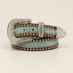 Angel Ranch Brown Ladies Belt With Turquoise And Clear Stones