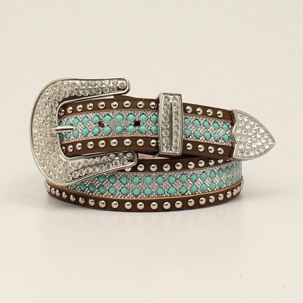Angel Ranch Brown Ladies Belt With Turquoise And Clear Stones 1 Angel Ranch Brown Ladies Belt With Turquoise And Clear Stones