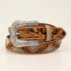Angel Ranch Tan Ladies Belt With A Floral Tooled Zig Zag Pattern