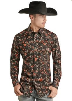 Rock & Roll Men's Black/Peach Aztec Print Snap Long Sleeve Shirt