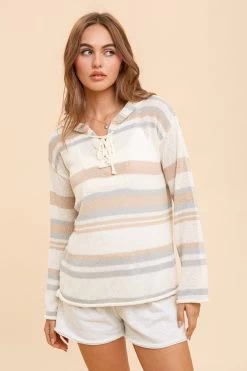 Hem & Thread Womens Mint & Taupe Stripe Hoodie