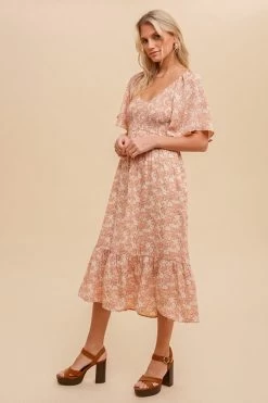 West & Wild Womens Rose Flutter Sleeve Ruffled Hem Midi Dress