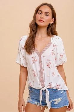 West & Wild Womens White Rose Bubble Sleeve Tie Front Blouse