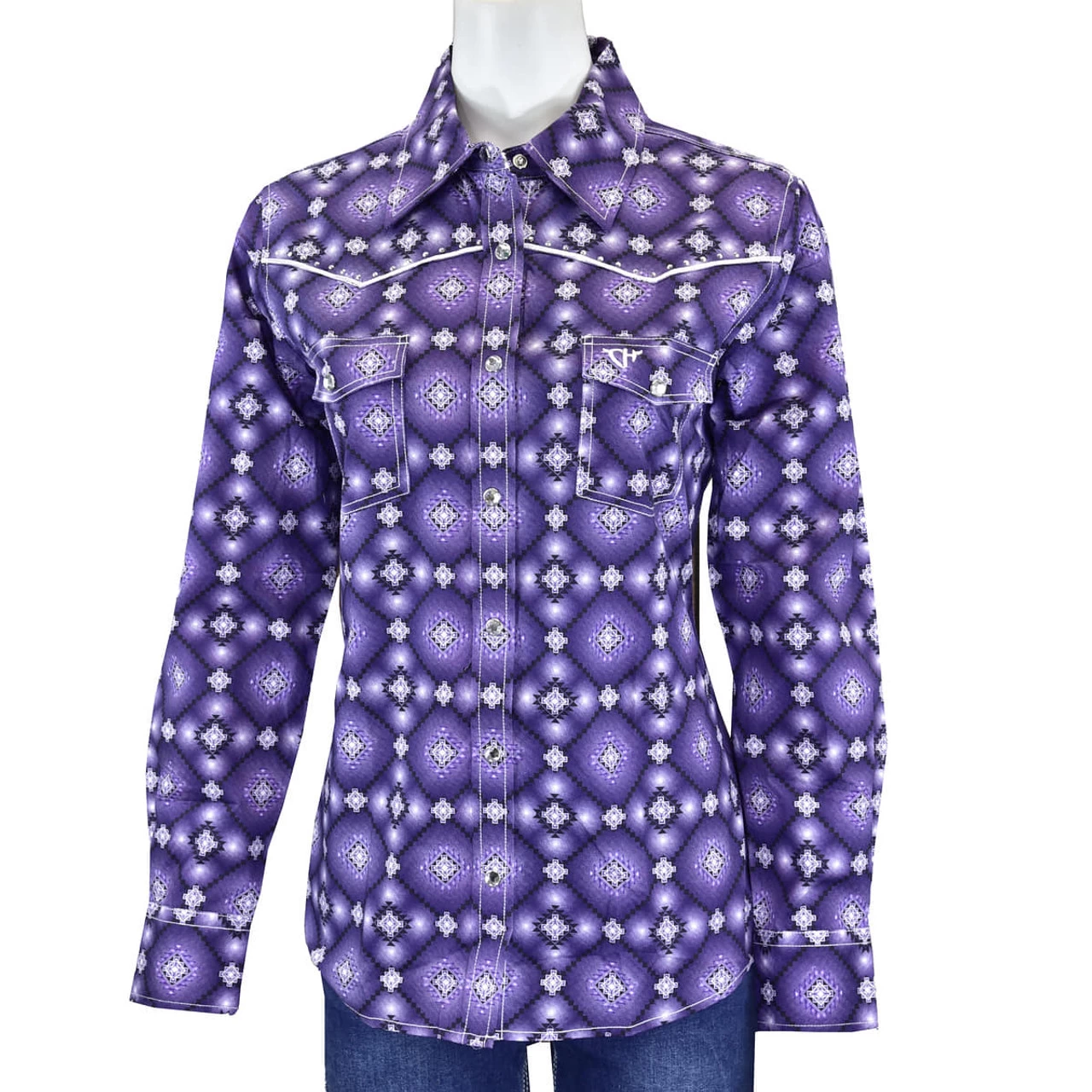 Cowgirl Hardware Ladies Purple Diamond Print Long Sleeve Western Shirt 1 Cowgirl Hardware Ladies Purple Diamond Print Long Sleeve Western Shirt