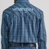 Wrangler Mens Western Long Sleeve Blue Logo Plaid Shirt