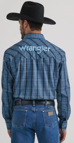 Wrangler Mens Western Long Sleeve Blue Logo Plaid Shirt