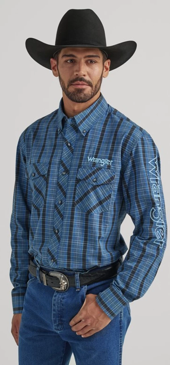 Wrangler Mens Western Long Sleeve Blue Logo Plaid Shirt 2 Wrangler Mens Western Long Sleeve Blue Logo Plaid Shirt - Image 2