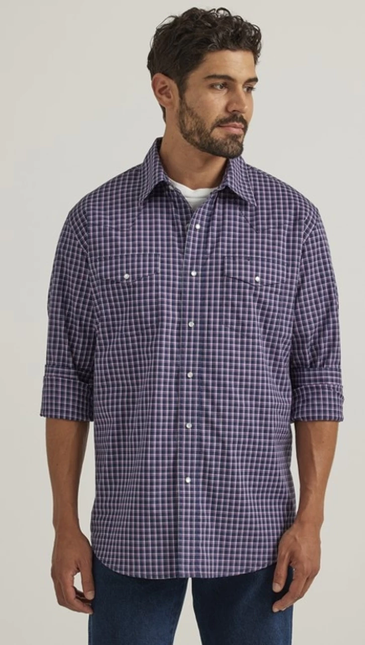 Wrangler Mens Retro Long Sleeve Blue Plaid Shirt 2 Wrangler Mens Retro Long Sleeve Blue Plaid Shirt - Image 2