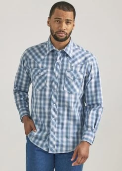 Wrangler Mens Fashion Blue Long Sleeve Snap Shirt