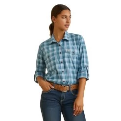 Ariat Womens Clear Sky Plaid Rebar Made Tough DuraStretch Long Sleeve Shirt