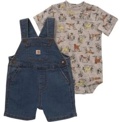 Carhartt Boys Medium Wash Denim Shortall With Heather Grey Short Sleeve Bodysuit Set