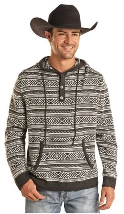 Rock & Roll Cowboy Men's Charcoal Aztec Print Sweater Hoody