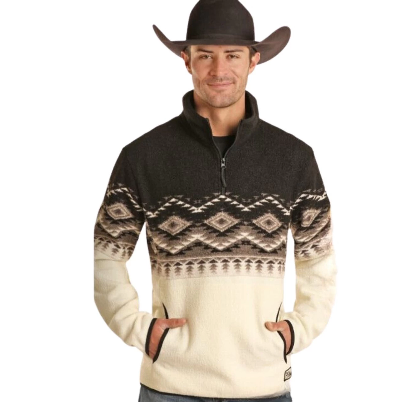 Powder River Mens Black Southwest Border Printed Berber Pullover 1 Powder River Mens Black Southwest Border Printed Berber Pullover