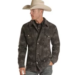 Powder River Mens Black Aztec Wool Jacquard Commander Coat