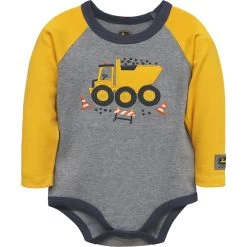 John Deere Infant Boys Dump Truck Scene Heather Grey Raglan Long Sleeve Bodysuit With Yellow Sleeves