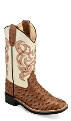 Old West Boots Boy's Tobacco Brown Ostrich Print Foot With White Shaft