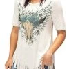 Liberty Wear Apparel Women's Oat Short Sleeve Fringe Shirt With Blue Rose Steer Head Graphic