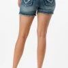 Grace In LA Womens Aztec Embroidered Raw Hem Stretch Denim Jean Shorts