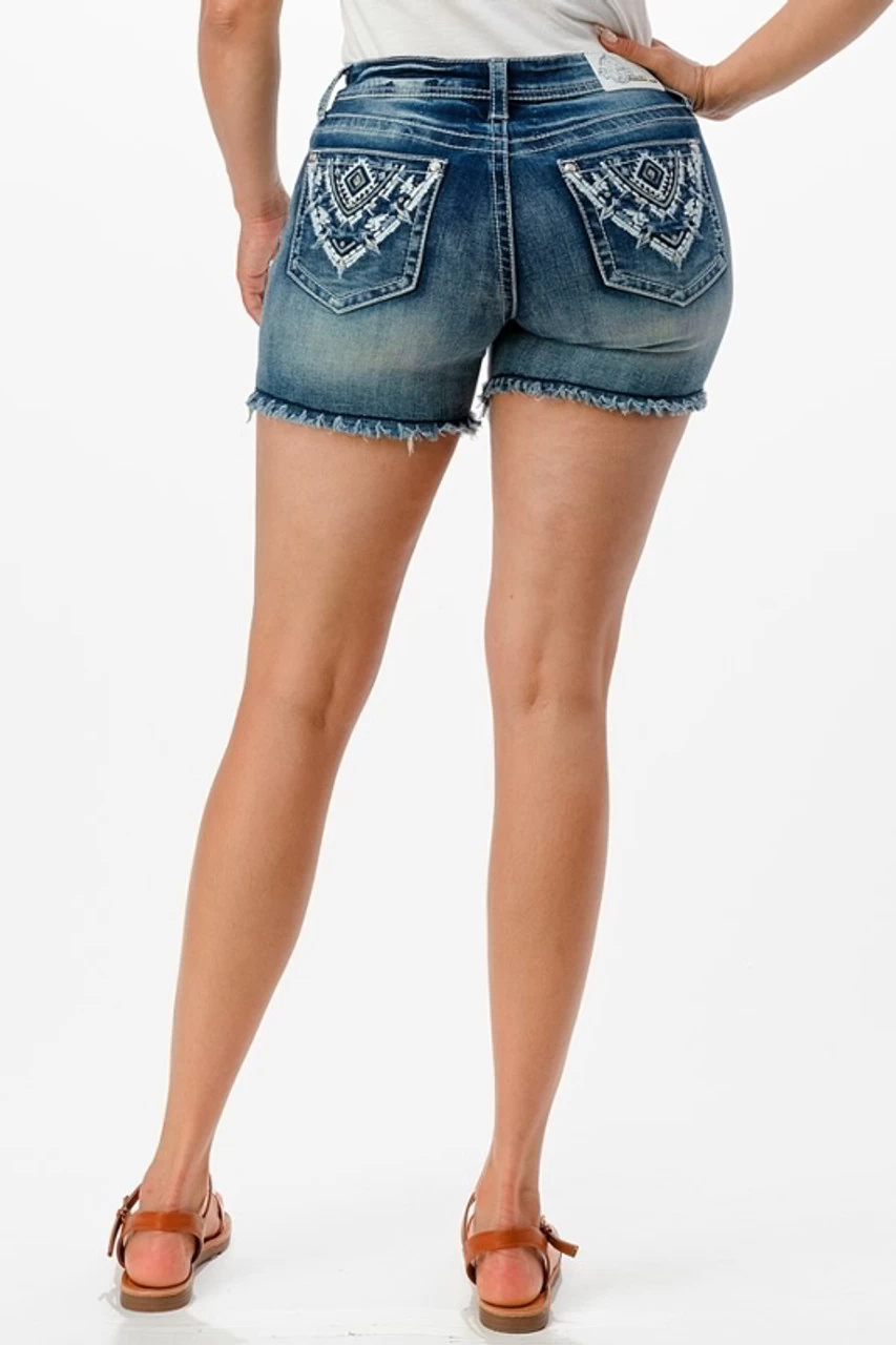 Grace In LA Womens Aztec Embroidered Raw Hem Stretch Denim Jean Shorts 1 Grace In LA Womens Aztec Embroidered Raw Hem Stretch Denim Jean Shorts